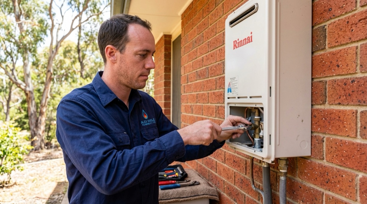 Alex servicing an external gas hot water unit on a brick wall