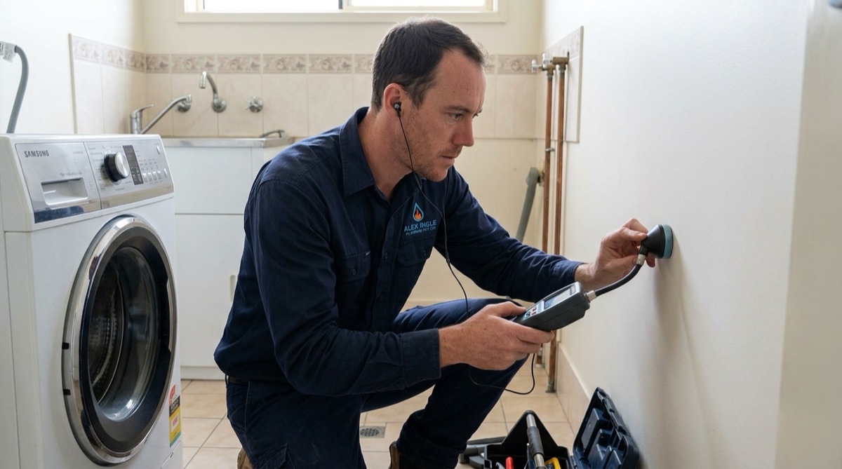 Alex using electronic leak detection equipment behind a washing machine